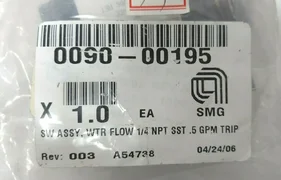 AMAT. SW ASSY WTR FLOW 1/4 NPT SST .5GPM TRIP. P/N 0090-00195