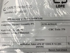Applied Materials 0190-46304 SPECIFICATION, EATON UPS 5P 1550G R 1U 200-240VAC