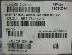 Applied Materials; 0010-26395, ASSY TEF Hose w/INSU SMC H2000 S/R 75'