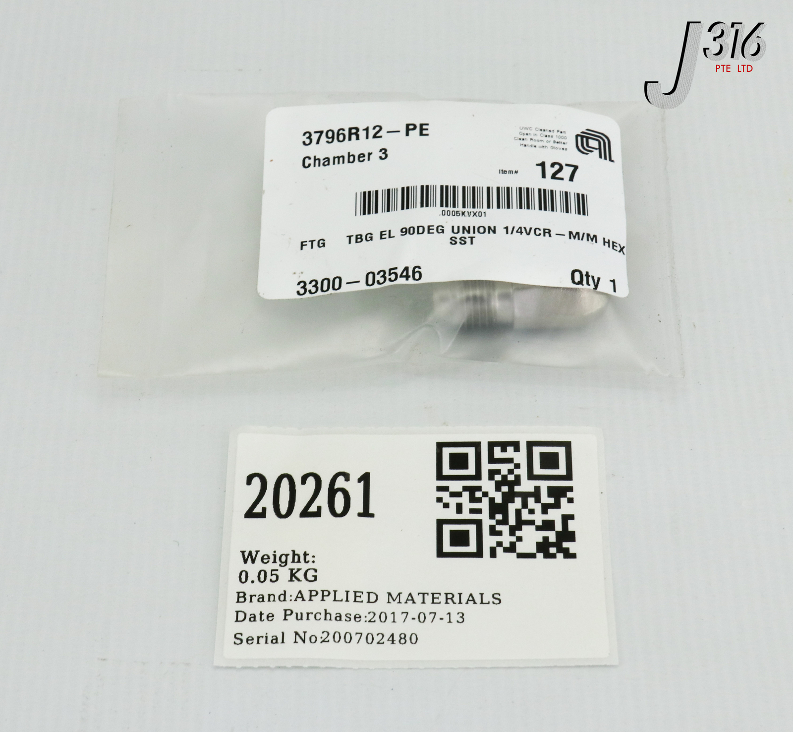 20261 APPLIED MATERIALS FTG TBG EL 90DEG UNION 1/4VCR-M/M HEX (NEW) 3300-03546