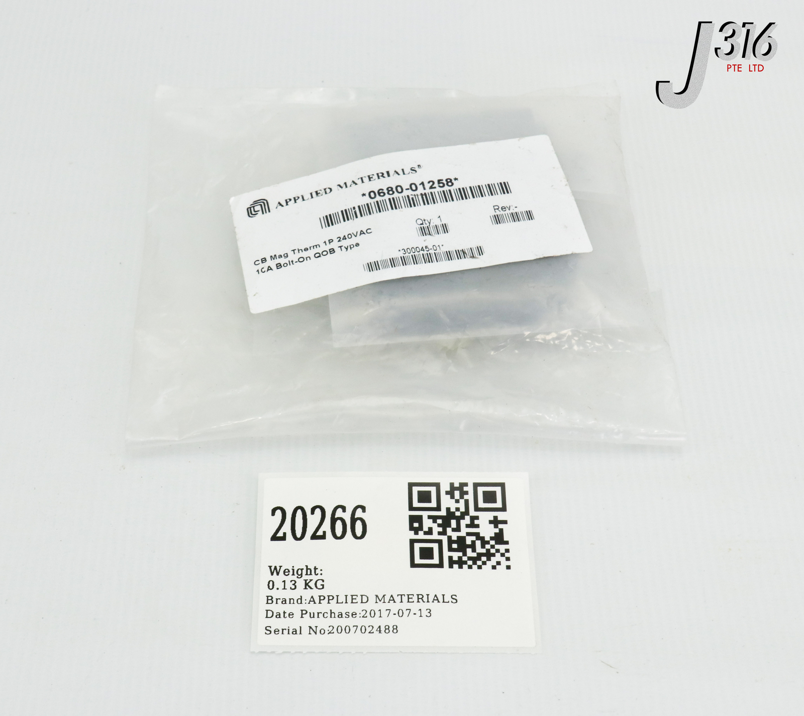 20266 APPLIED MATERIALS CB MAG THERM 1P 240VAC 10A BOLT-ON QOB-T NEW 0680-01258