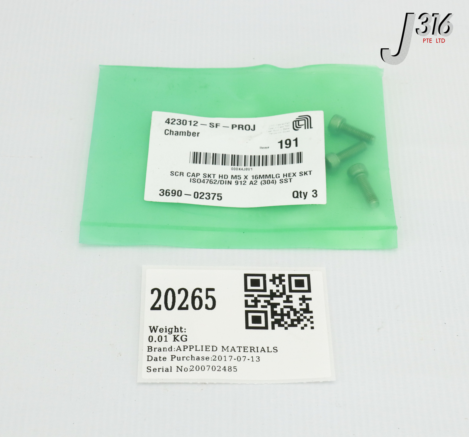 20265 APPLIED MATERIALS SCR CAP SKT HD M5 X 16MMLG 3690-02375