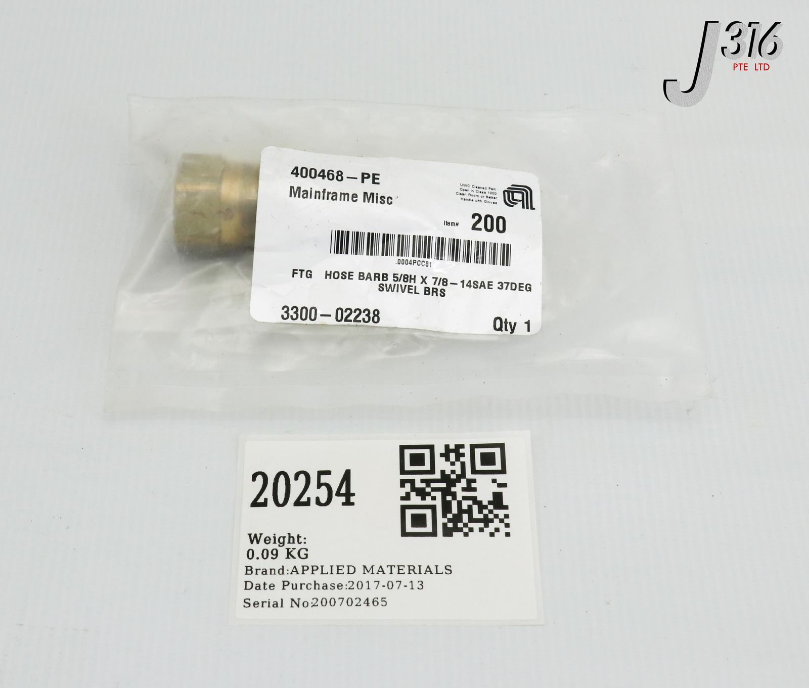 20254 APPLIED MATERIALS FTG HOSE BARB 5/8H X 7/8-14SAE 37DEG S (NEW) 3300-02238