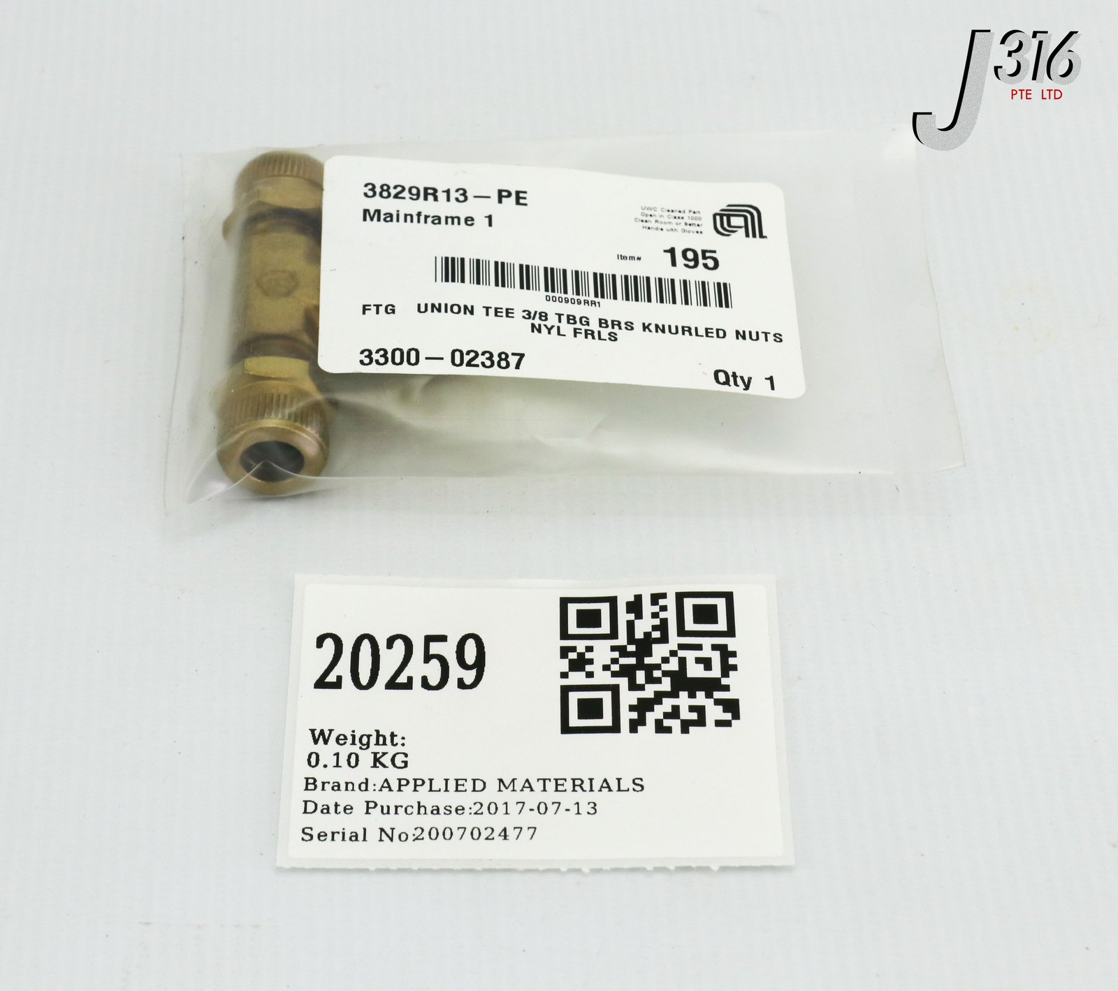 20259 APPLIED MATERIALS FTG TUBE UNION TEE TUBE O.D 3/8 (NEW) 3300-02387