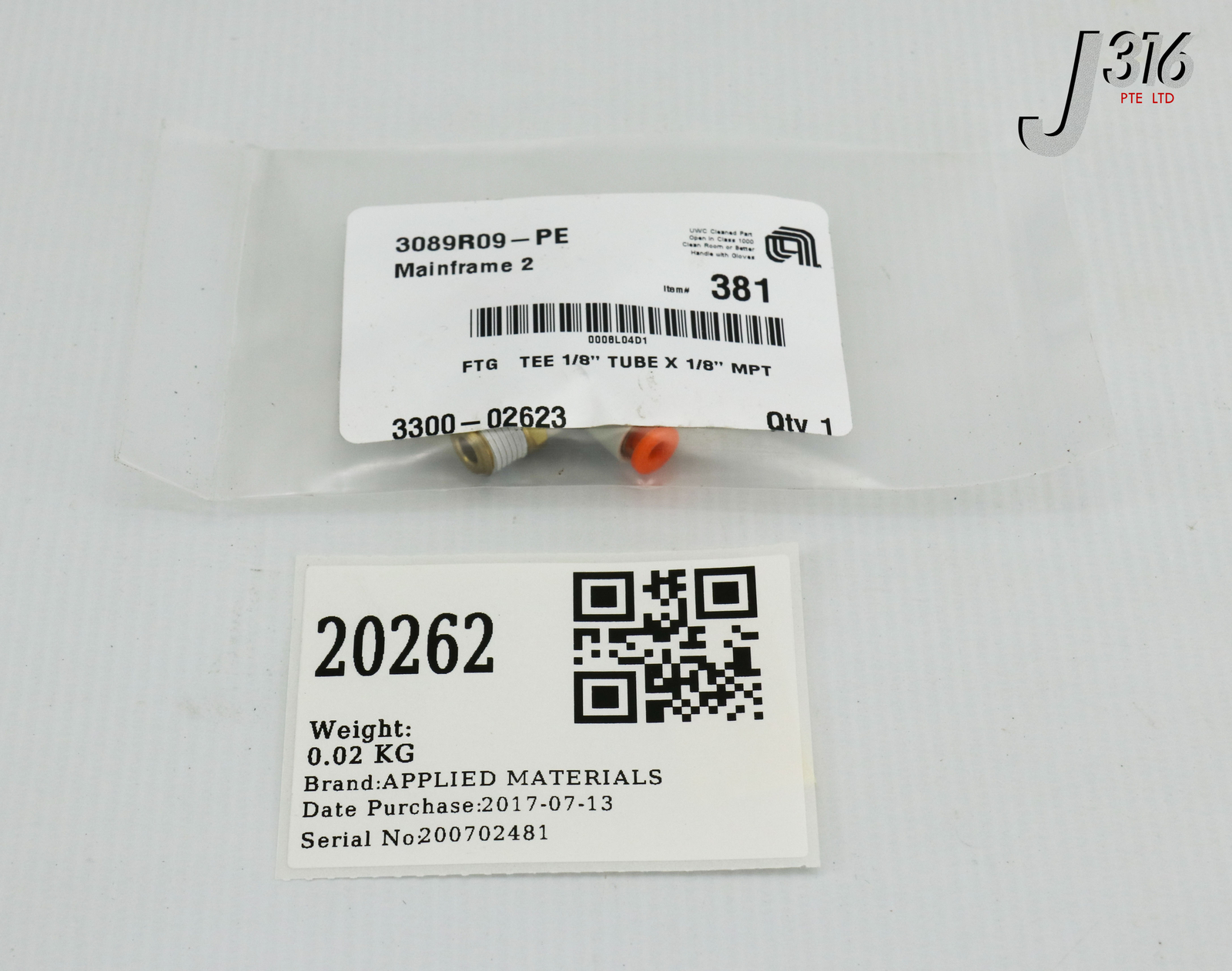 20262 APPLIED MATERIALS FTG TEE 1/8 TUBE X 1/8 MPT (NEW) 3300-02623
