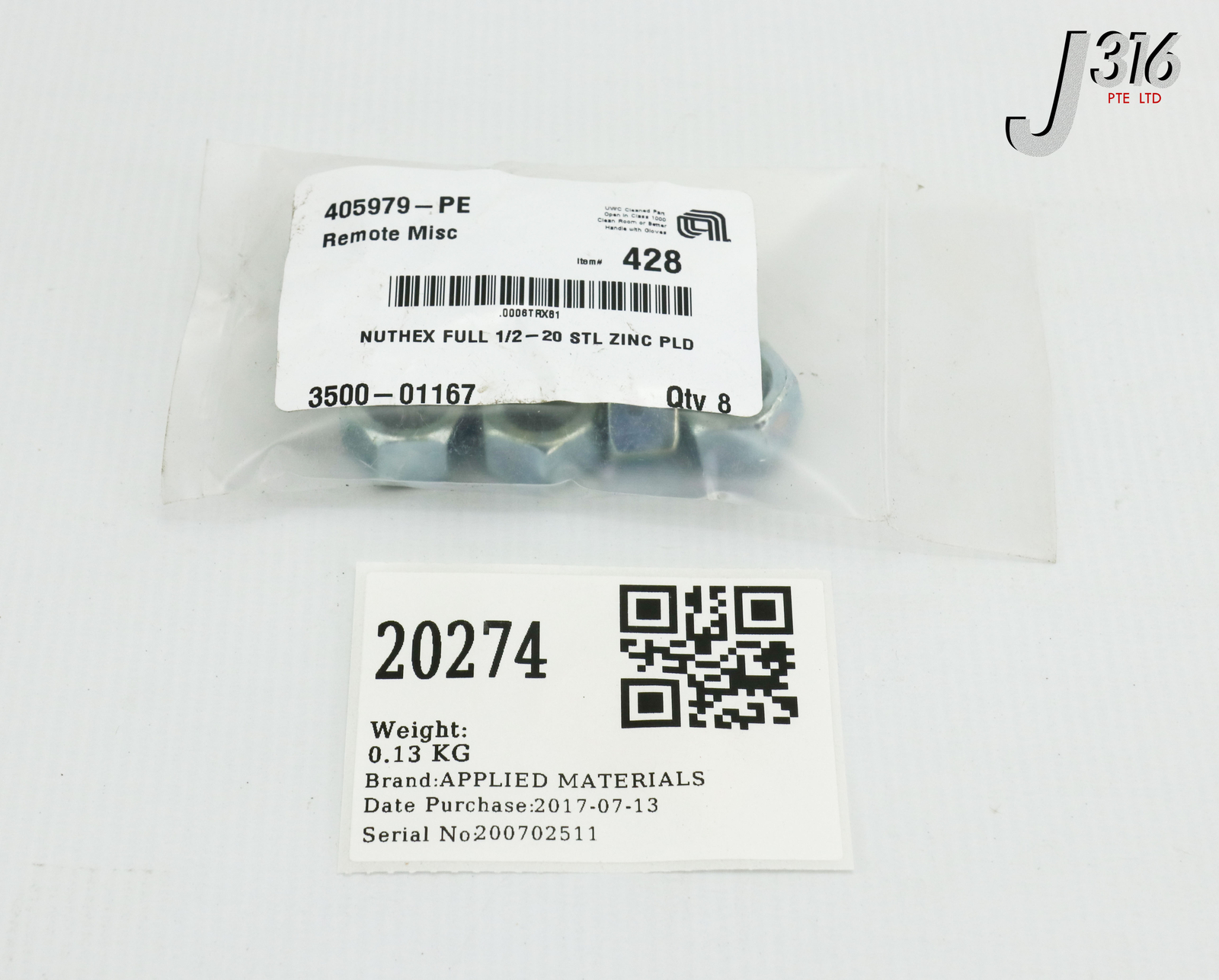 20274 APPLIED MATERIALS NUTHEX FULL 1/2-20 STL ZINC 3500-01167