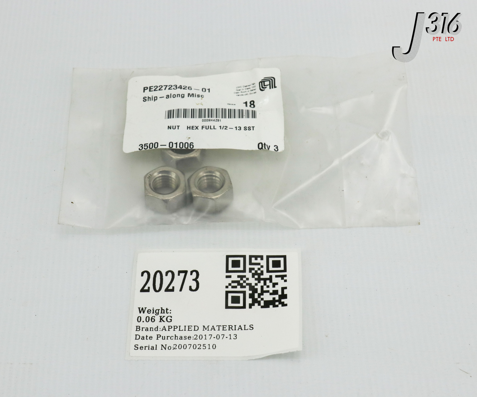 20273 APPLIED MATERIALS NUT HEX FULL 1/2-13 SST (LOT OF 3) (NEW) 3500-01006