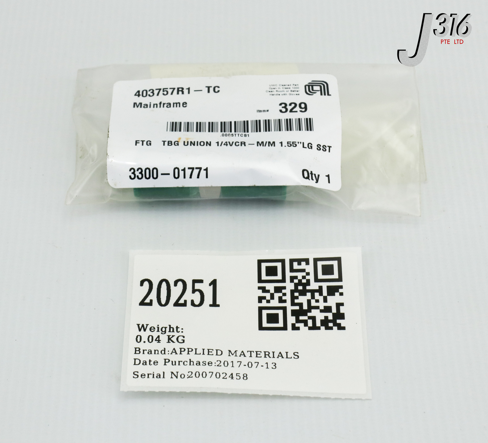 20251 APPLIED MATERIALS FTG TBG UNION 1/4VCR-M/M 1.55LG SST (NEW) 3300-01771