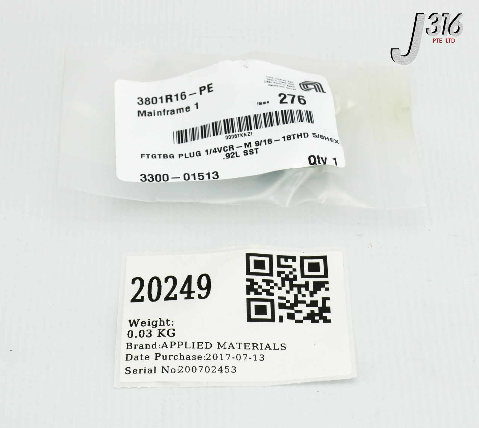 20249 APPLIED MATERIALS FTGTBG PLUG 1/4VCR-M 9/16-18THD 5/8HEX. (NEW) 3300-01513