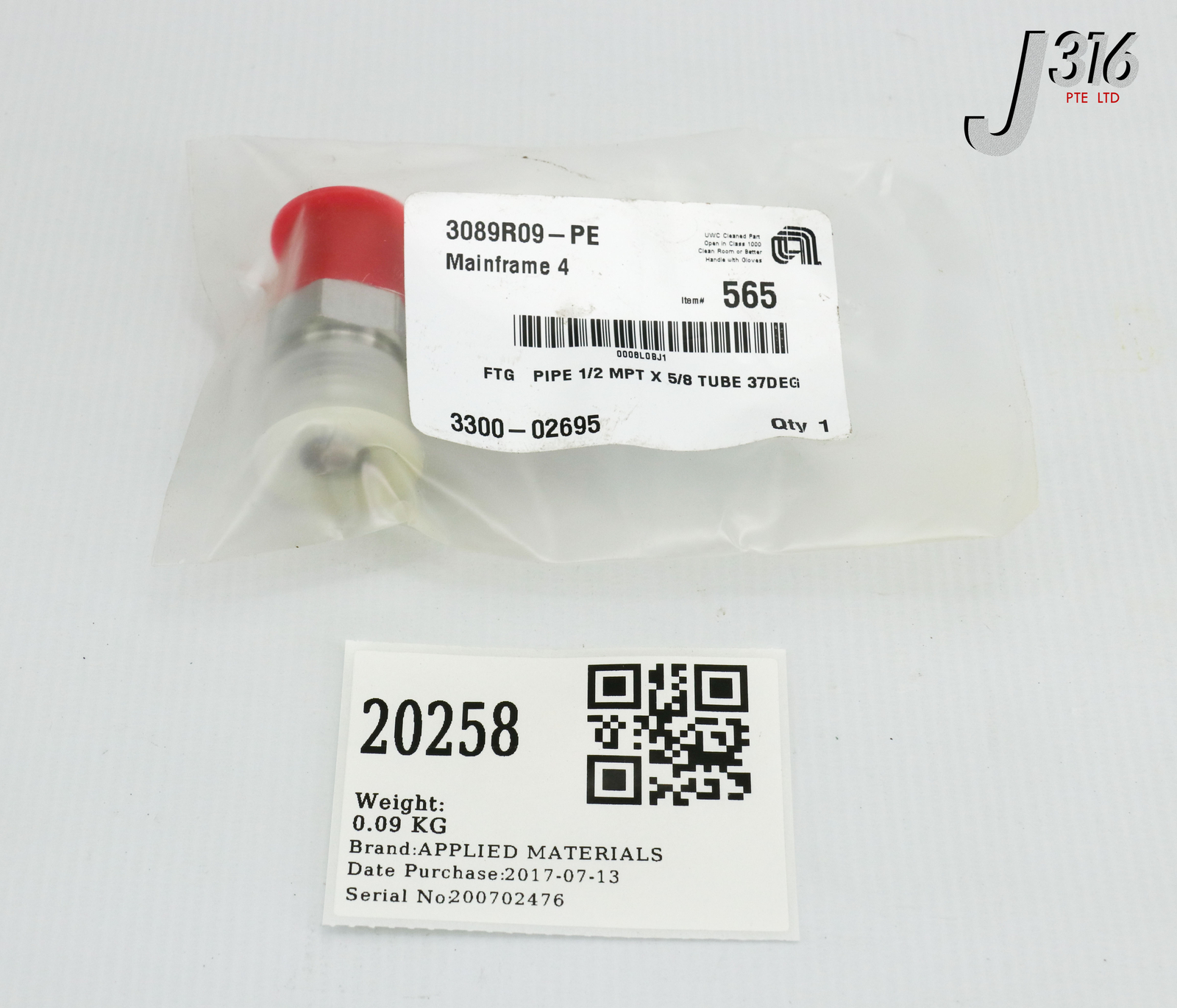 20258 APPLIED MATERIALS FTG PIPE 1/2 MPT X 5/8 TUBE 37DEG (NEW) 3300-02695