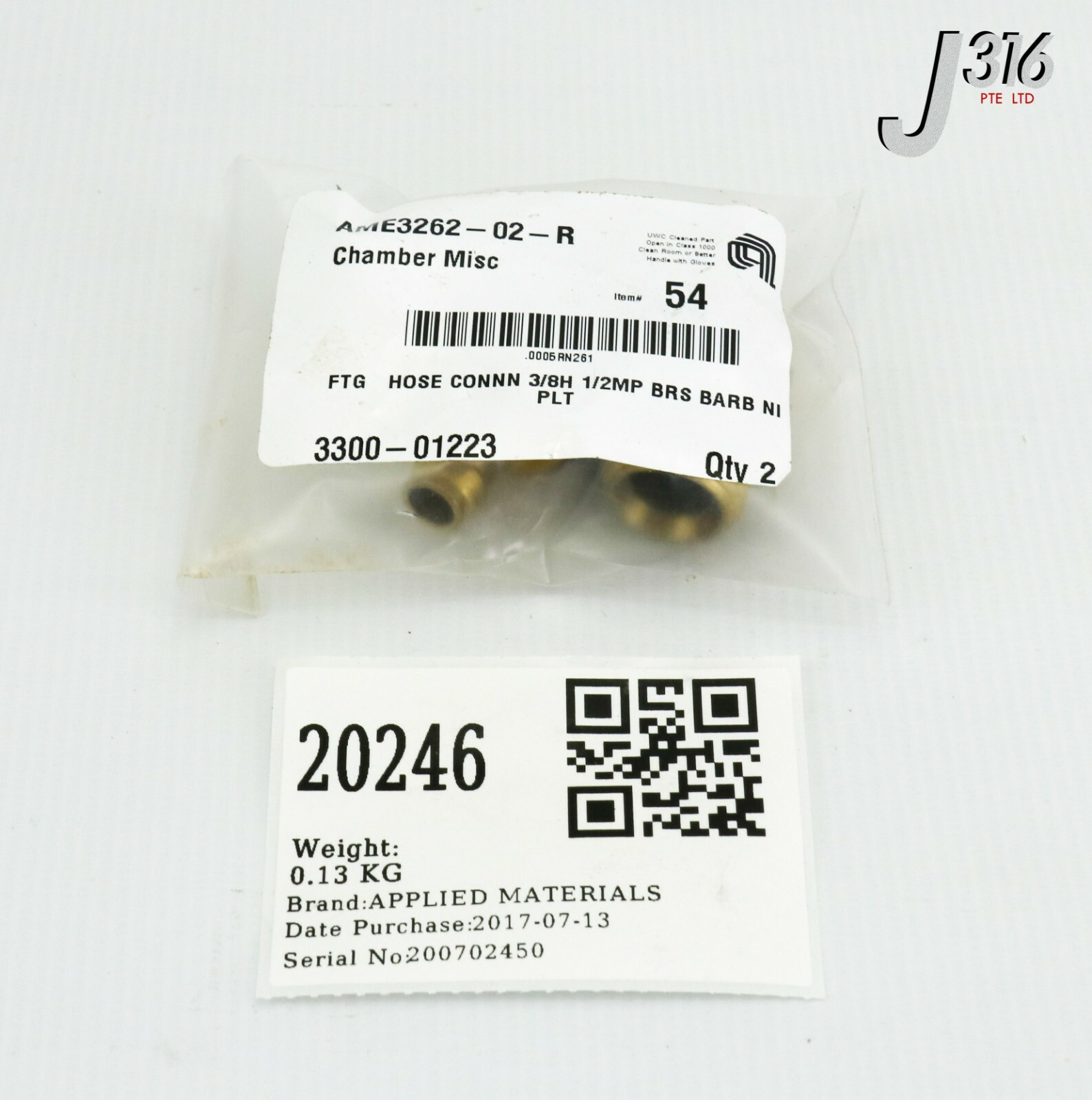 20246 APPLIED MATERIALS FTG HOSE CONNN 3/8H 1/2MP 3300-01223