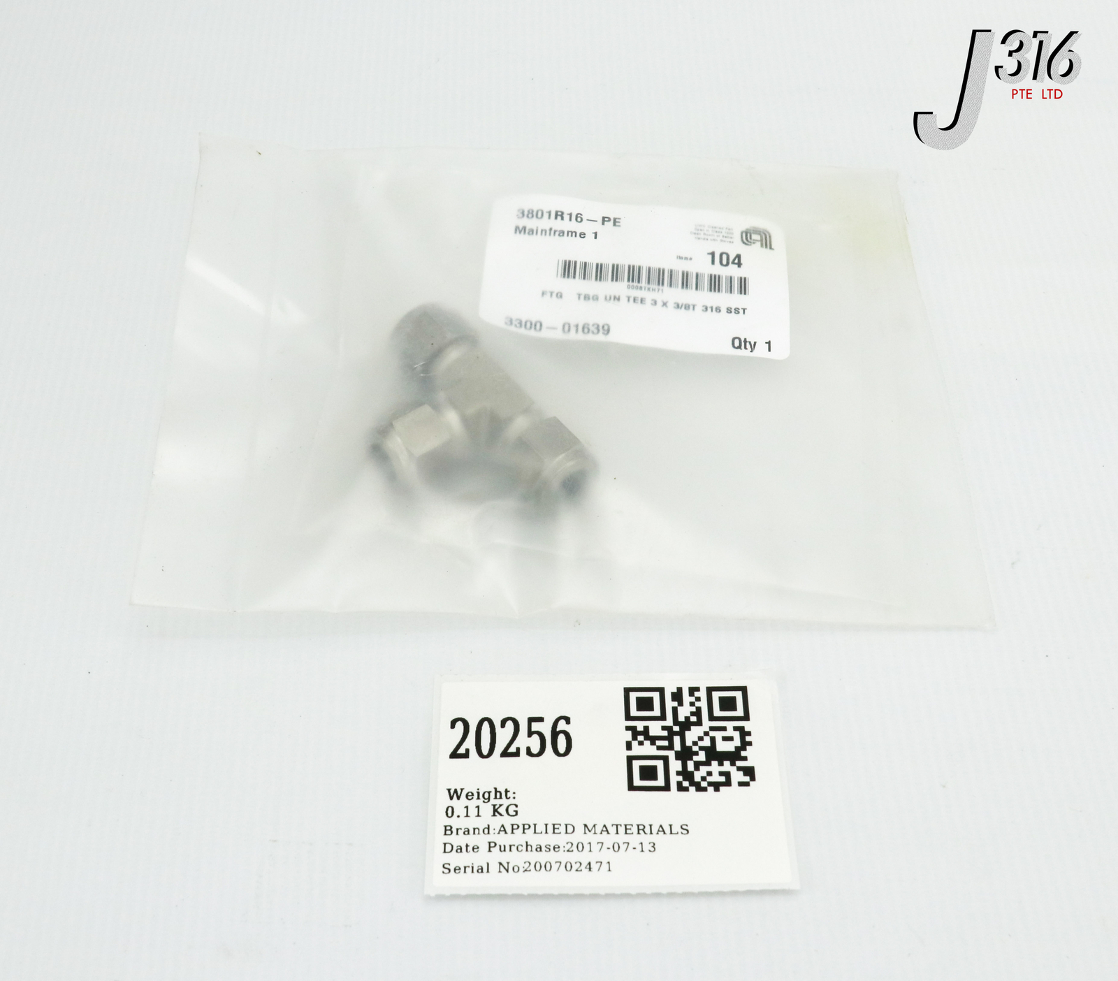 20256 APPLIED MATERIALS FTG TBG UN TEE 3 X 3/8T 316 SST (NEW) 3300-01639