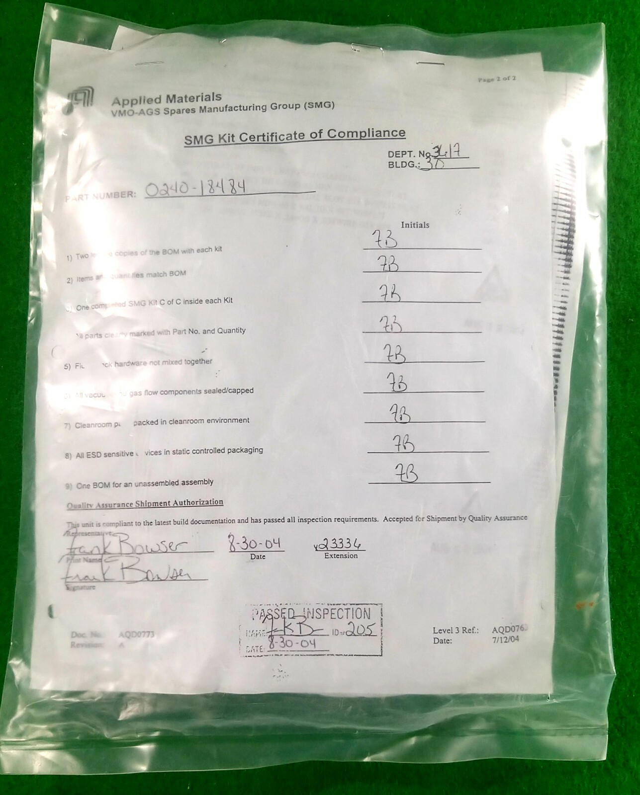 AMAT 0240-18484 SMG Kit Certificate of Compliance, NEW