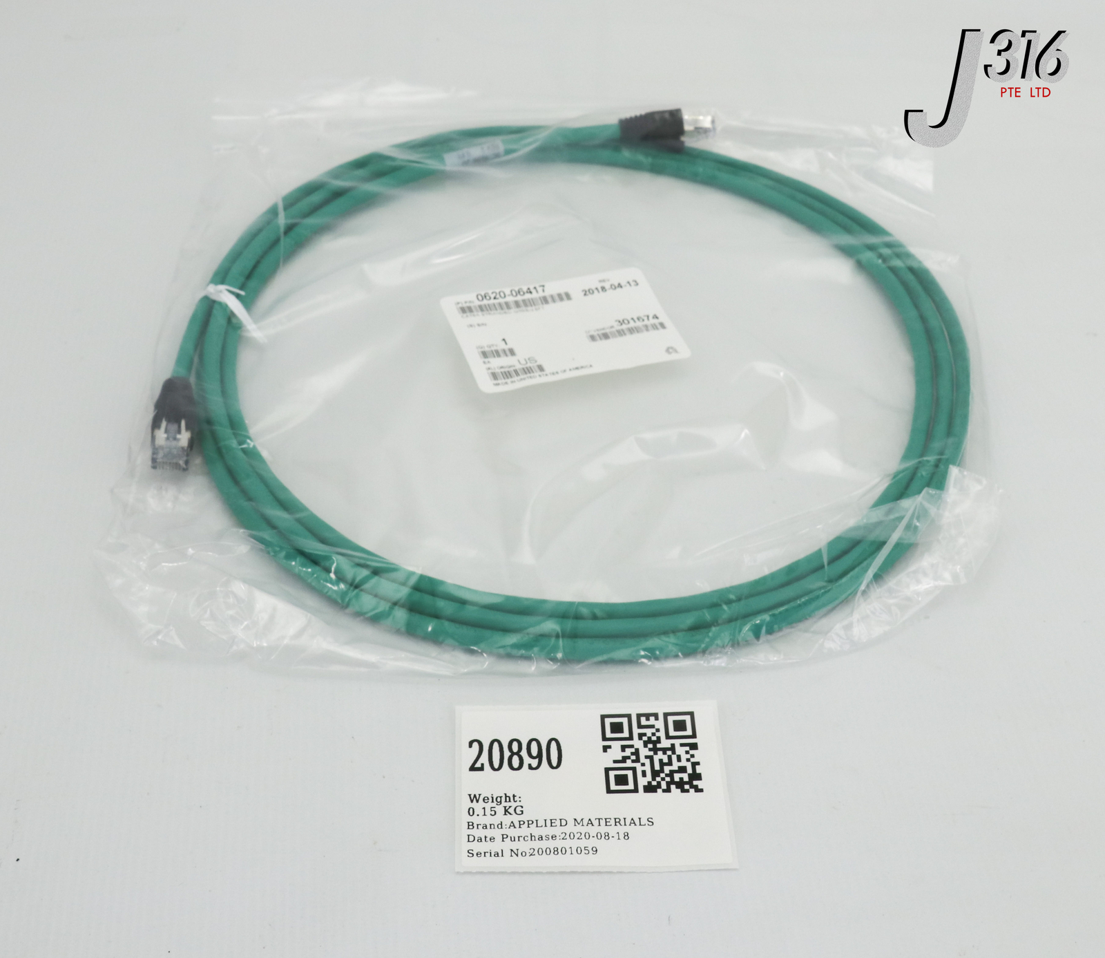 20890 APPLIED MATERIALS CABLE ASSY, CAT6A STRANDED GREEN 9FT (NEW) 0620-06417