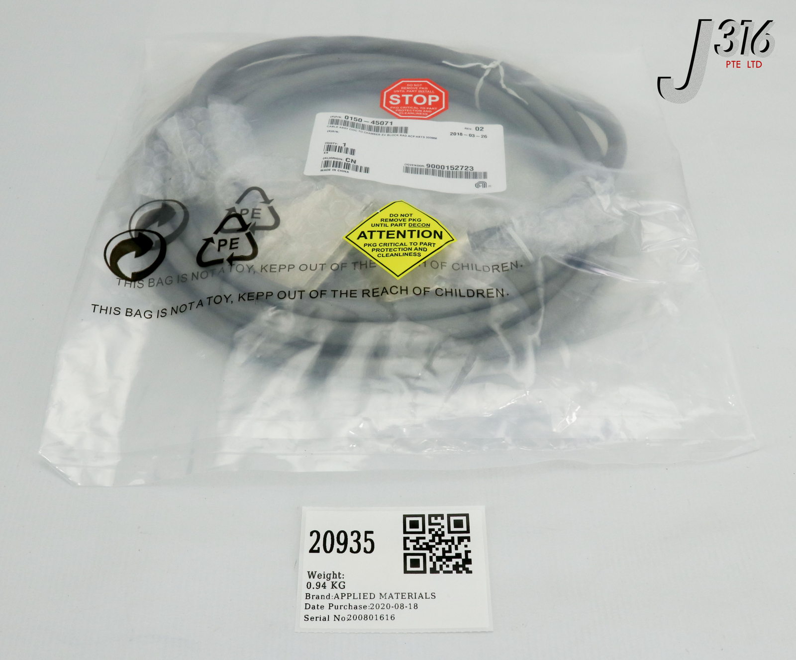 20935 APPLIED MATERIALS CABLE ASSY CIOC TO CHMBR EV BLK 300MM (NEW) 0150-45071