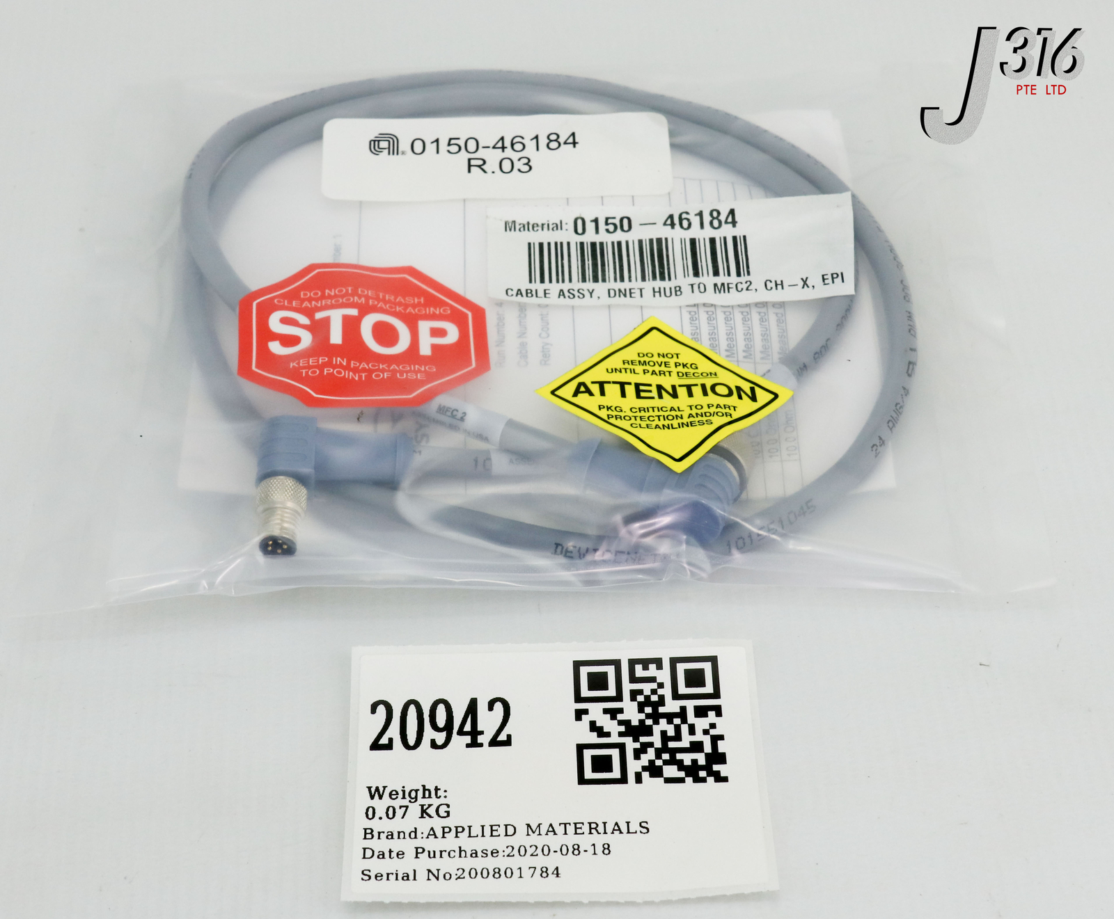 20942 APPLIED MATERIALS CABLE ASSY, DNET HUB TO MFC2, CH-X, EPI (NEW) 0150-46184