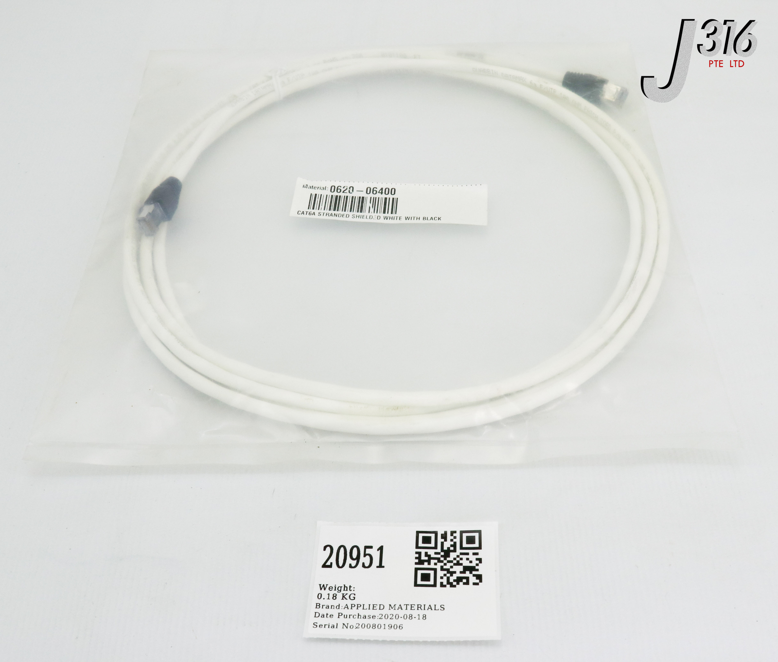 20951 APPLIED MATERIALS CBL ASSY CAT6A STRD SHD WHITE W/ BLACK (NEW) 0620-06400