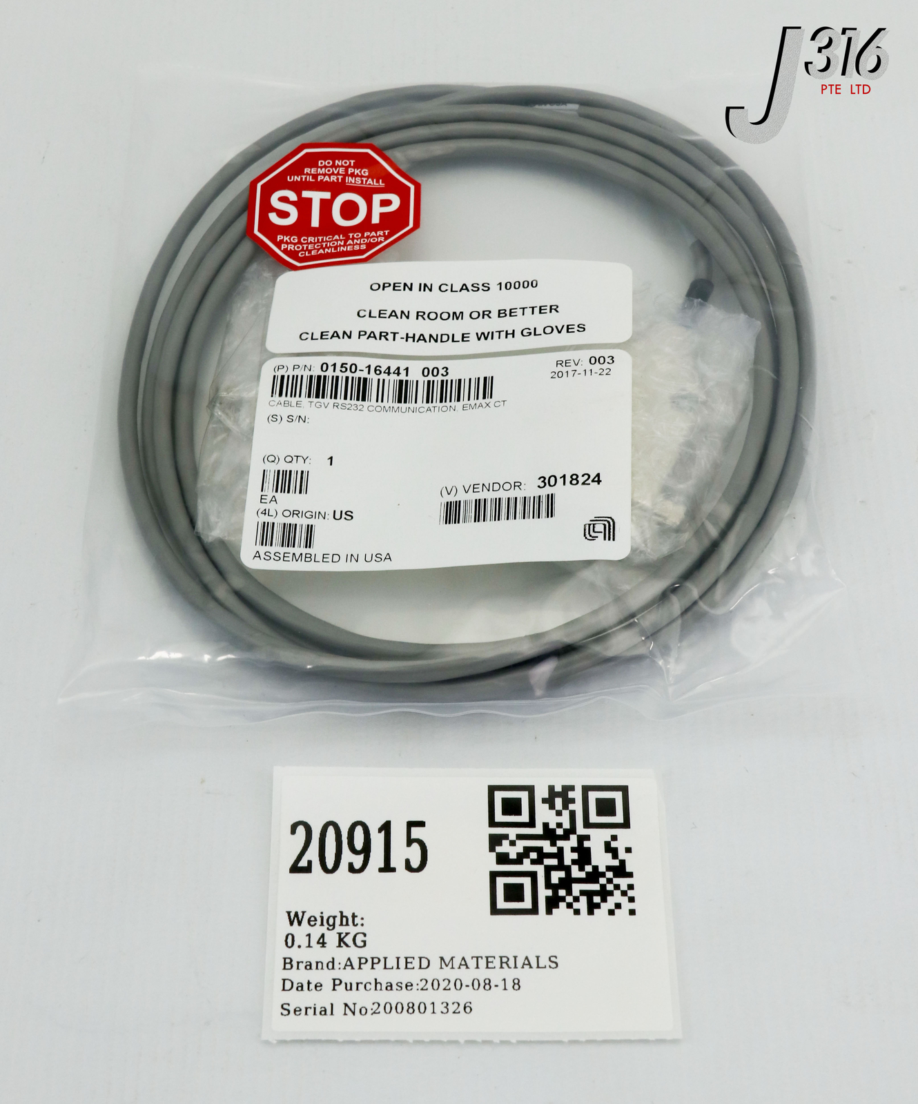 20915 APPLIED MATERIALS CABLE ASSY TGV RS232 COMM EMAX CT (NEW) 0150-16441