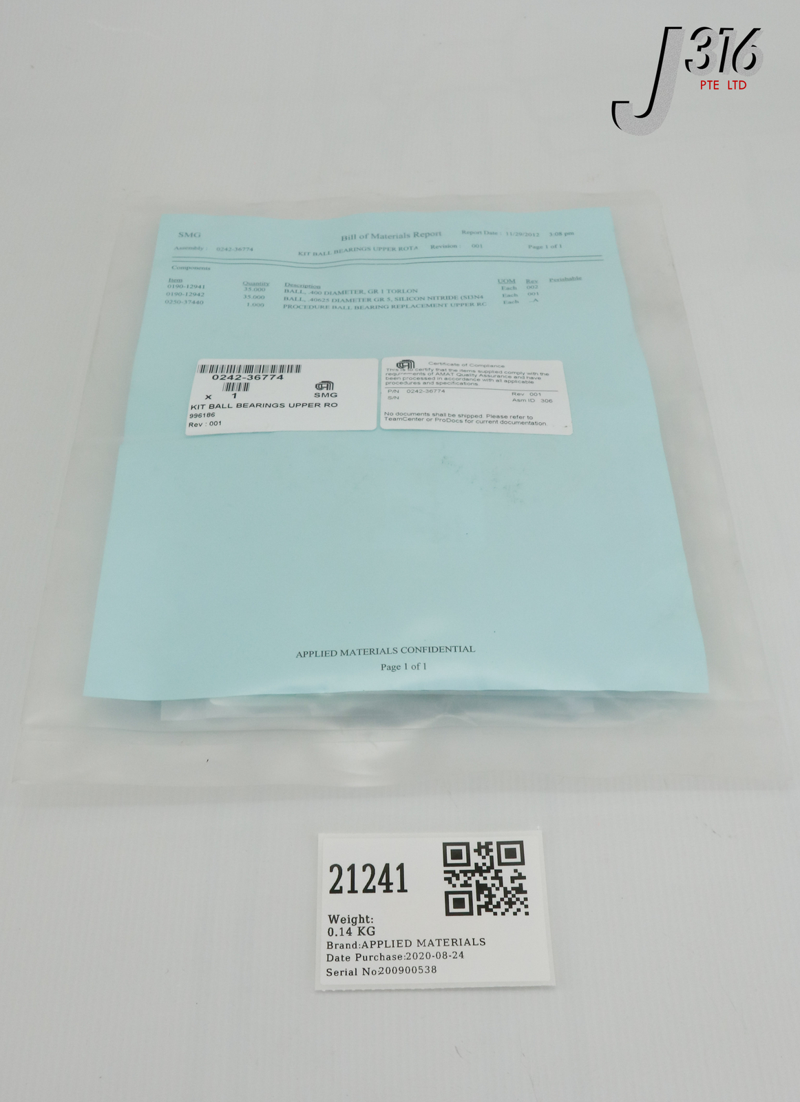 21241 APPLIED MATERIALS KIT BALL BRG UPPER ROTN RTP, 0190-12941 (NEW) 0242-36774