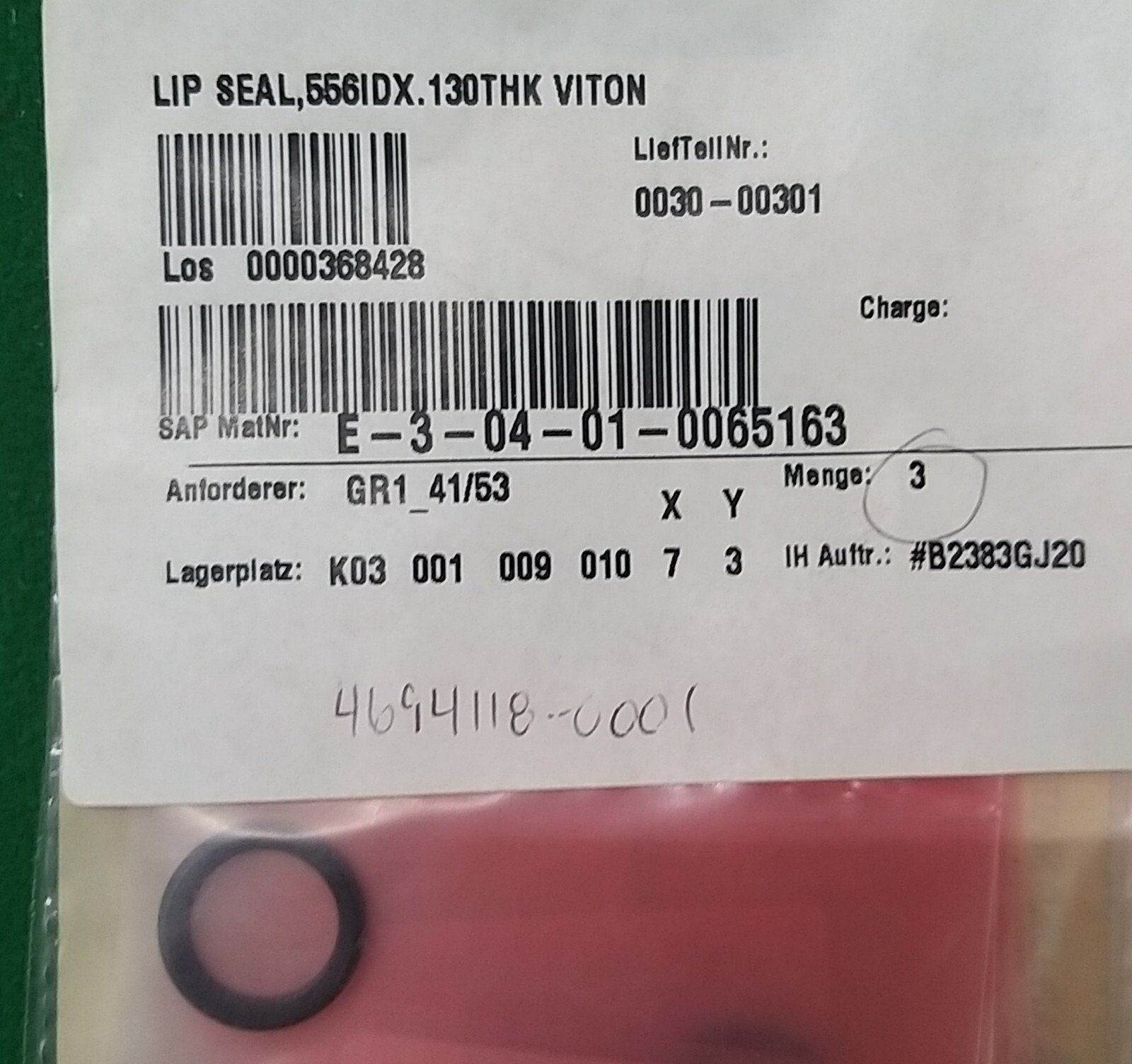 AMAT 0030-00301 LIP SEAL, .556 ID X .130 THK, VITON, NEW