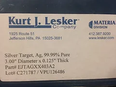 Kurt J Lesker sputtering target silver (99.99%) 3" diameter 0.125"THK