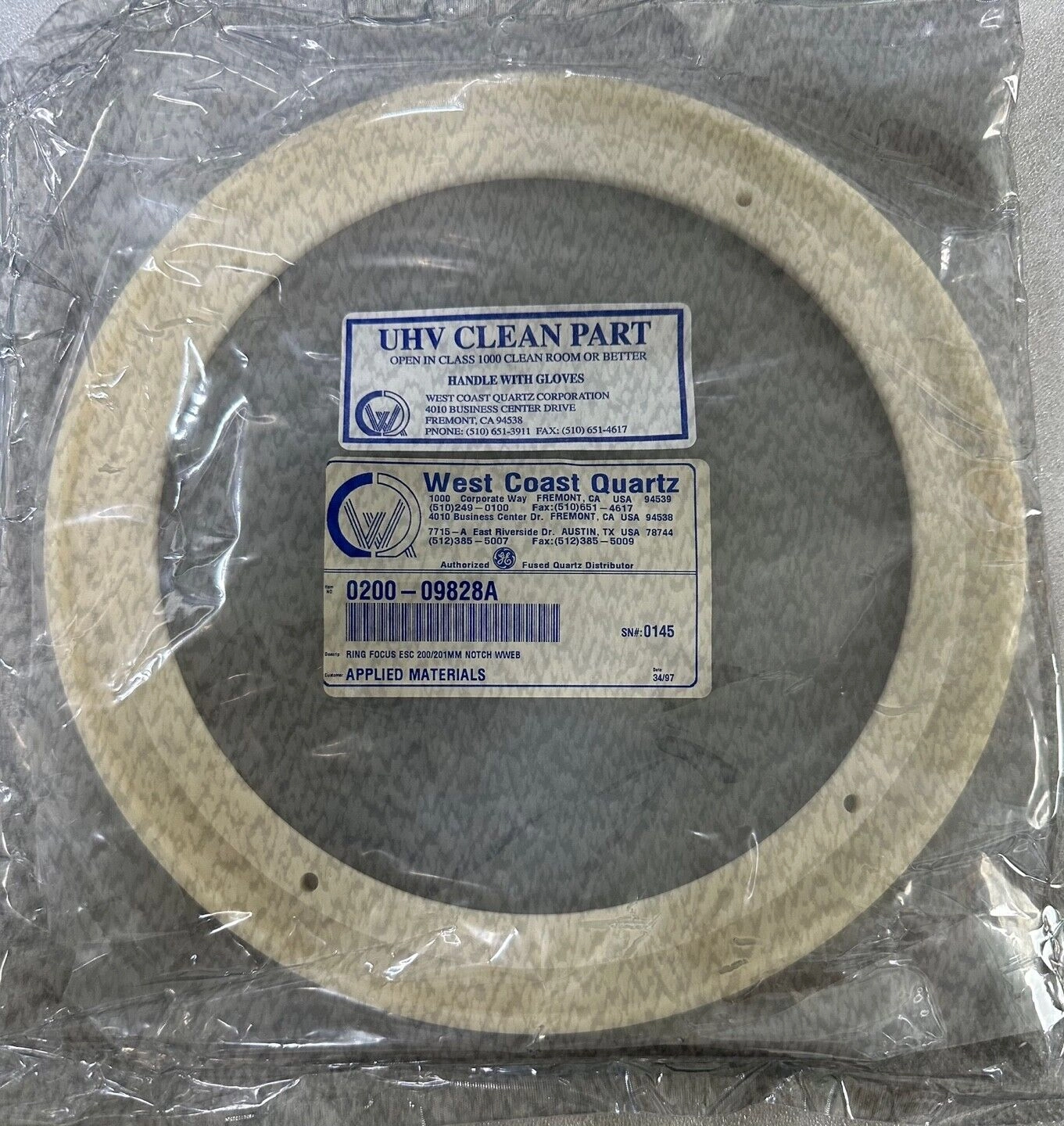 AMAT APPLIED MATERIALS 0200-09828 RING FOCUS ESC 200/201MM NOTCH WWEB