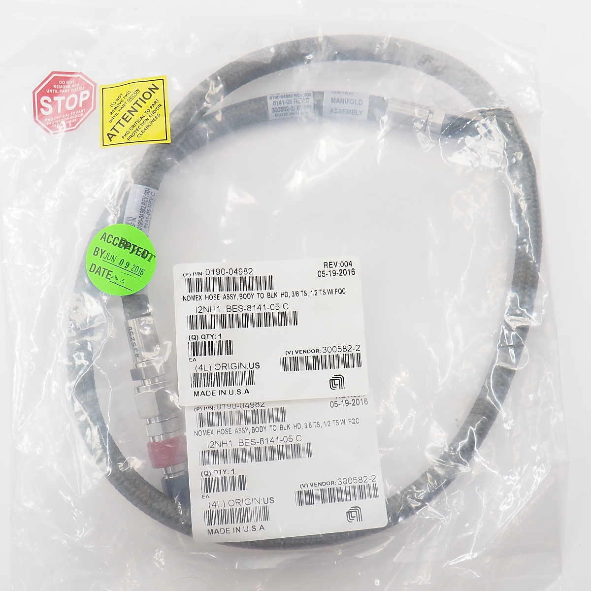 Applied Materials 0190-04982 NOMEX HOSE ASSY, BODY TO BLK HD 3/8 TS, 1/2 TS FQC