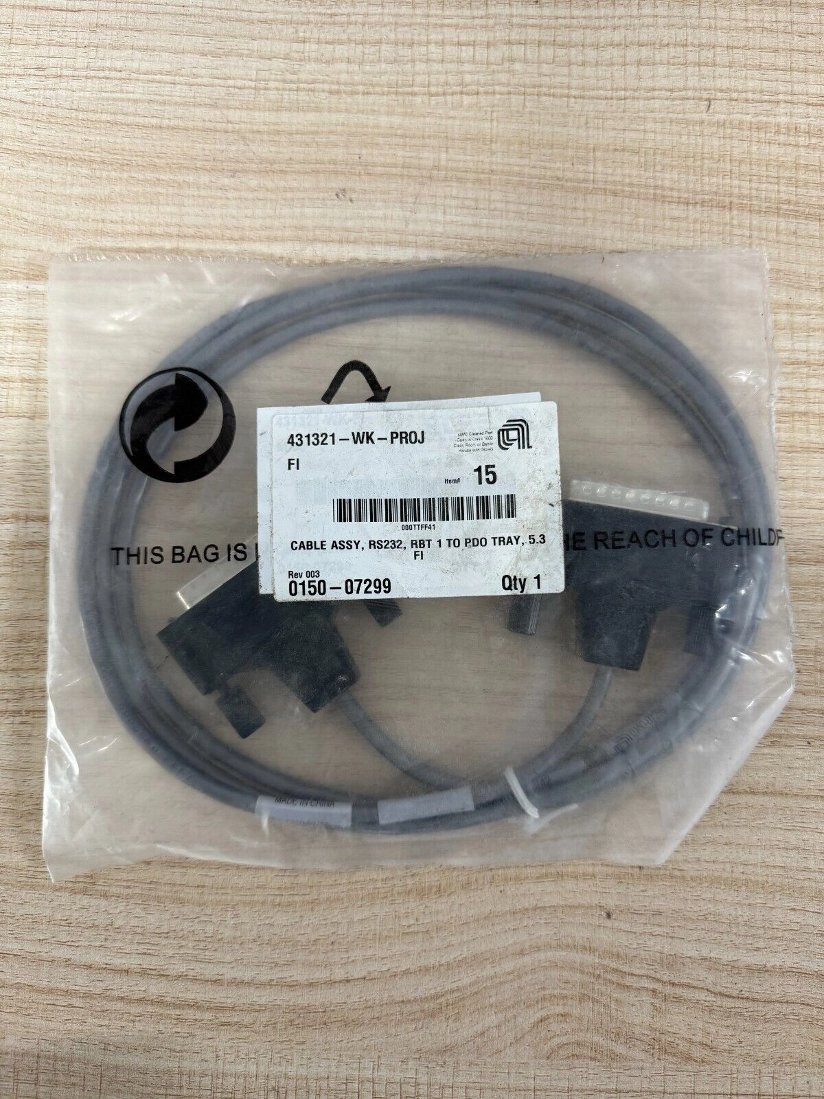 Applied Materials AMAT 0150-07299 CABLE ASSY,RS232,RBT 1 TO PD0 TRAY,5.3 FI, new