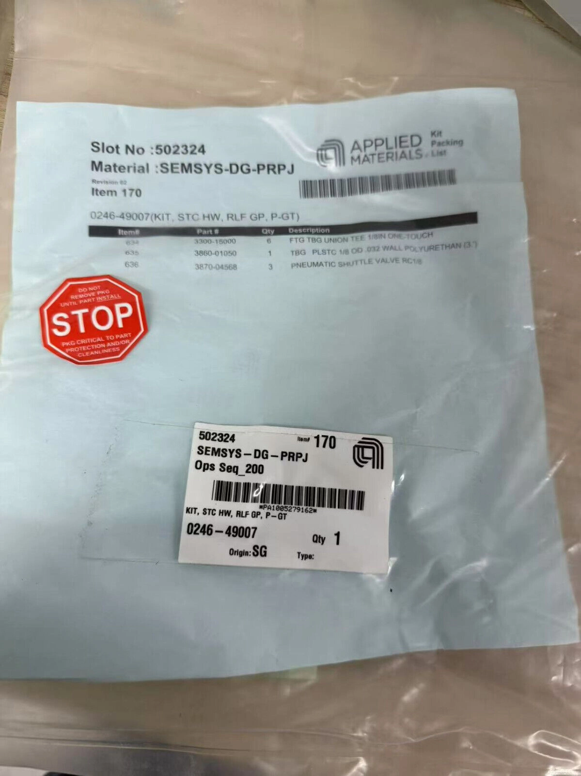 Applied Materials AMAT 0246-49007 KIT,STC HW,RLF GP,P-GT