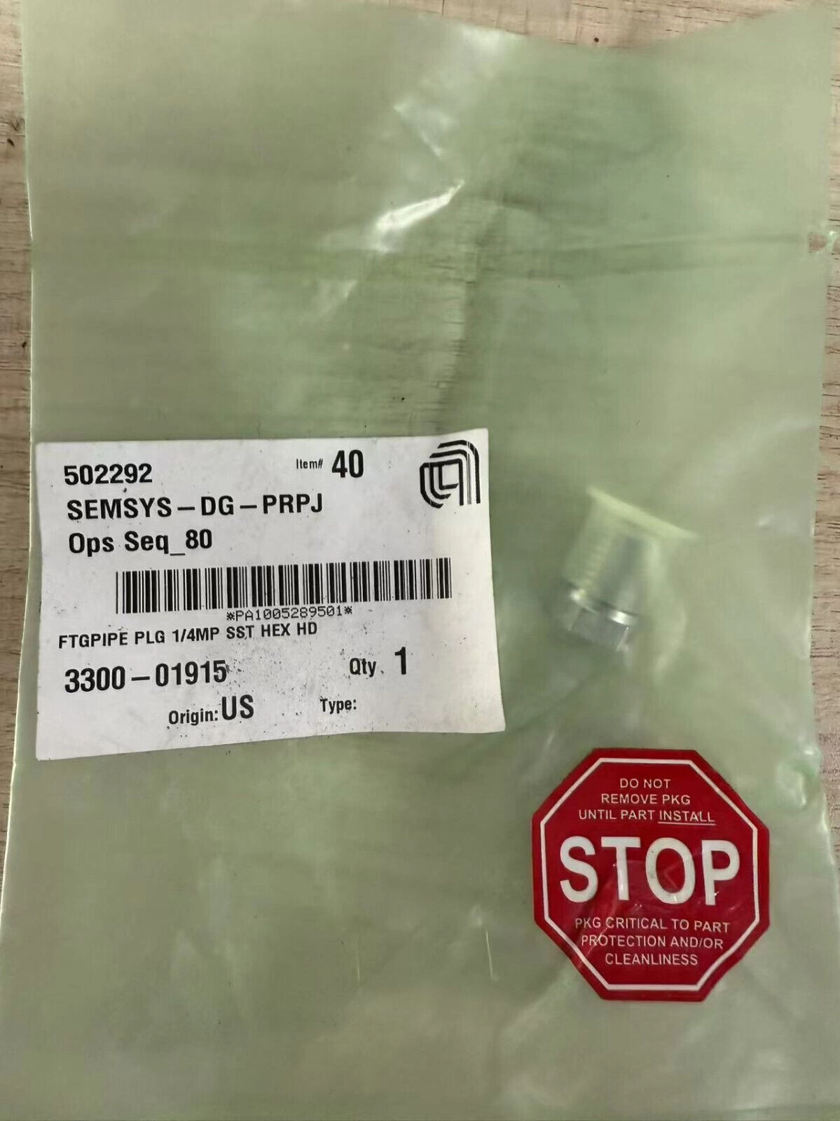 Applied Materials AMAT 3300-01915 FTGPIPE PLG 1/4MP SST HEX HD