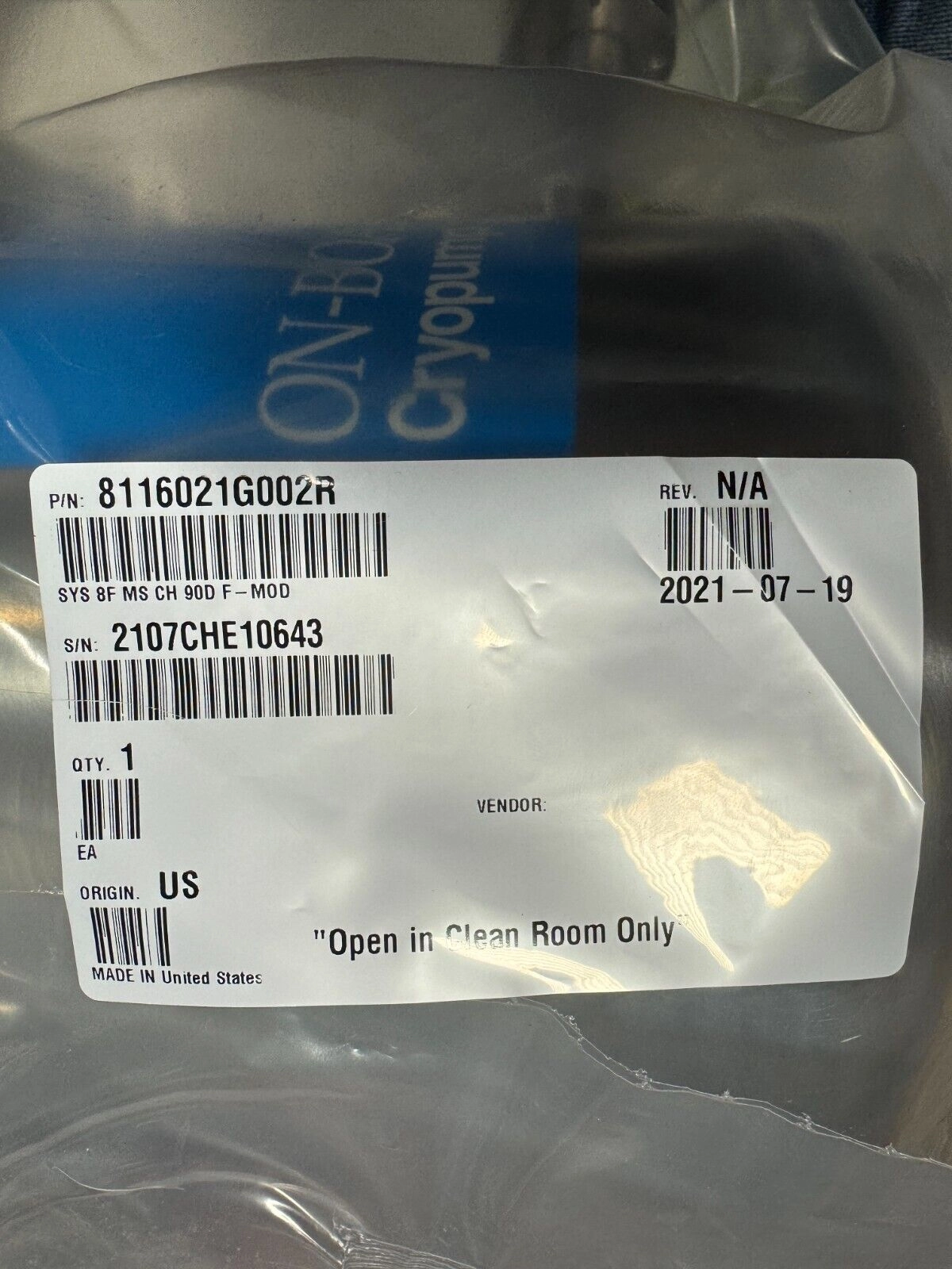 BROOKS CTI CRYOGENICS ON-BOARD 8F CRYOPUMP P/N 8116021G002R