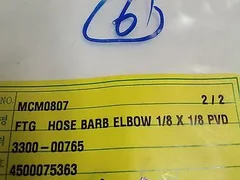 AMAT 3300-00765 FTG HOSE BARB ELBOW 1/8 X 1/8 PVDF, NEW, LOT 18