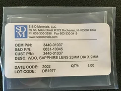 AMAT APPLIED MATERIALS 3440-01037 WDO SAPPHIRE LENS 25MM DIA X 2MM THK 