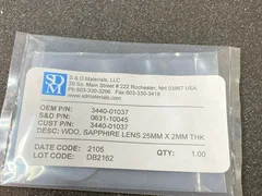 AMAT APPLIED MATERIALS P/N 3440-01037 WDO, SAPPHIRE LENS 25MM X 2MM THK